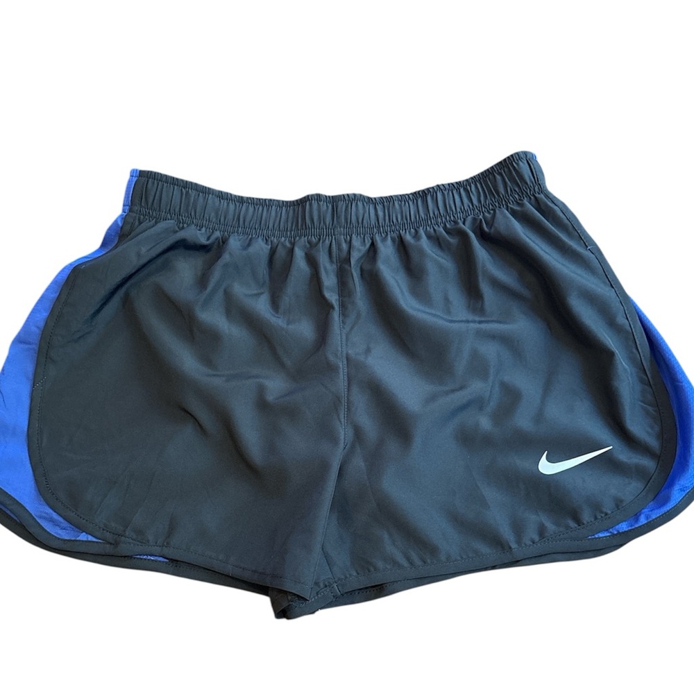 NWOT Nike Women's Dri-Fit Athletic Shorts, Black with Blue Side Panels, Size M.